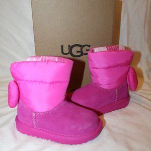 NIB UGG BAILEY BOW SUEDE PUFFER SHEARLING LINGED WINTER SNOW BOOTS PINK‎